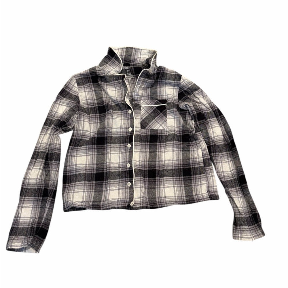 Sonoma Sleepwear Plaid Button Front Top XS Black White Cropped Pajama Shirt